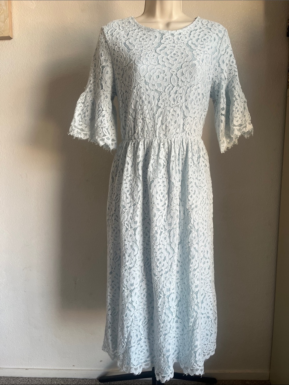 JessaKae Light Blue Lace Midi Dress with Flutter Sleeves